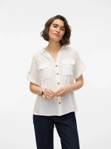 VERO MODA Short Sleeve V-Neck Shirt in White
