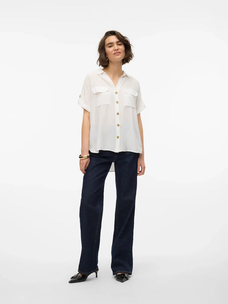 VERO MODA Short Sleeve V-Neck Shirt in White