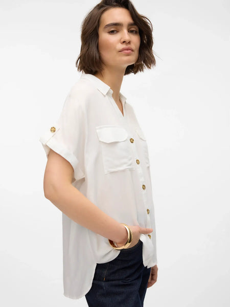 VERO MODA Short Sleeve V-Neck Shirt in White