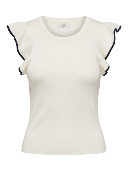 JDY Sleeveless Navy Contrast Edge Frill Top in Cream