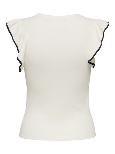 JDY Sleeveless Navy Contrast Edge Frill Top in Cream