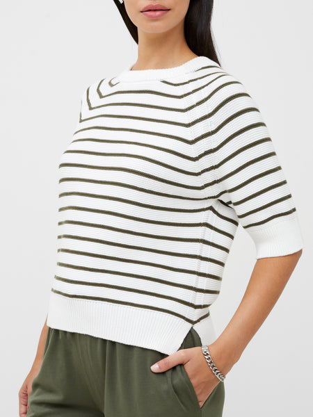French Connection Lily Mozart Stripe Short Sleeve Jumper in Khaki Green