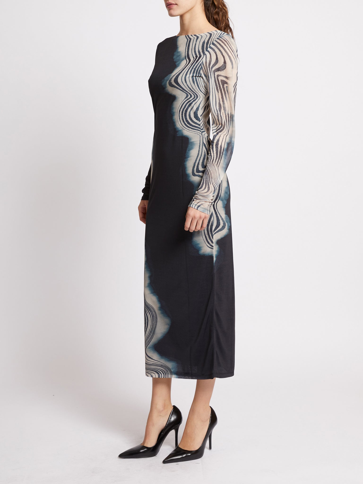 French Connection Celeste Shuri Mesh Midi Dress in Charcoal