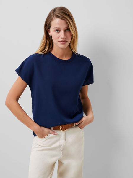French Connection Crepe Light Crew Neck Top in Navy