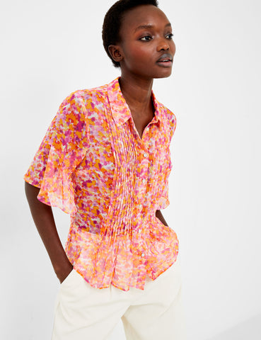 French Connection Cass Eco Hallie Crinkle Pintuck Shirt in Orange