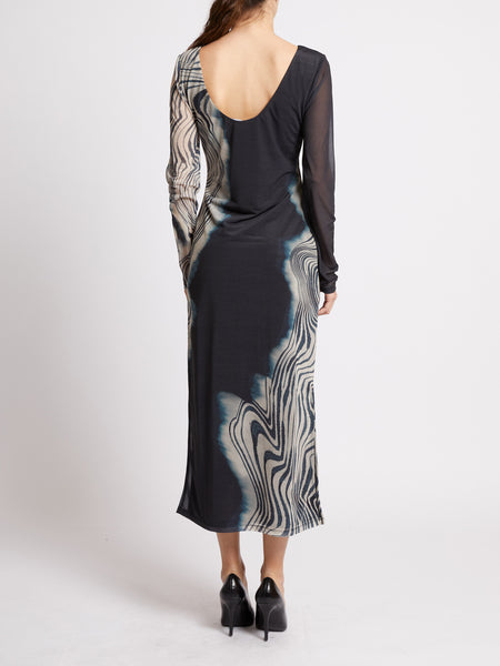 French Connection Celeste Shuri Mesh Midi Dress in Charcoal