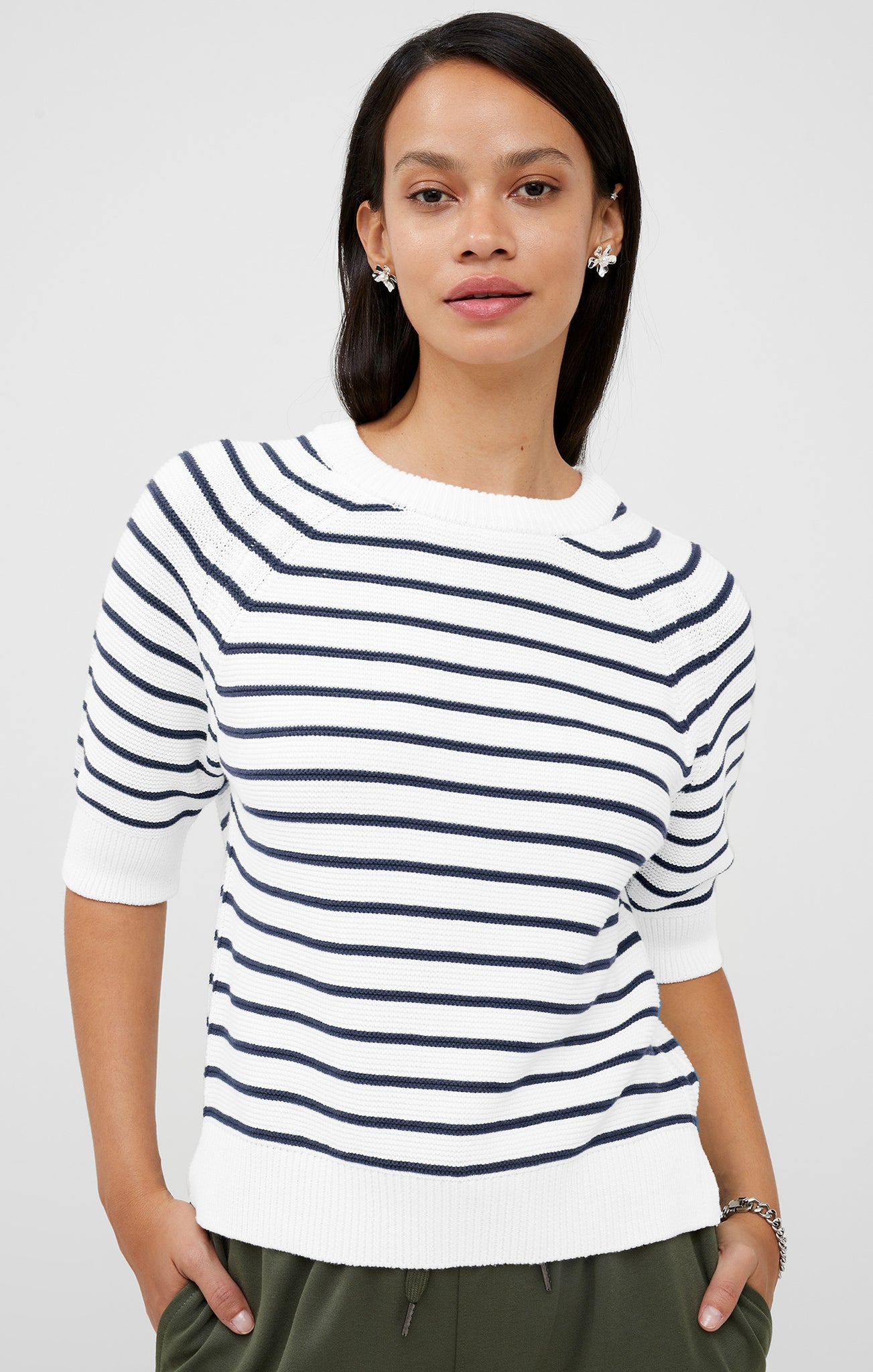 French Connection Lily Mozart Stripe Short Sleeve Jumper in Navy