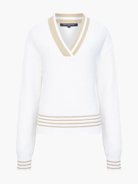 French Connection Lily Long Sleeve Varsity V-Neck Jumper on White