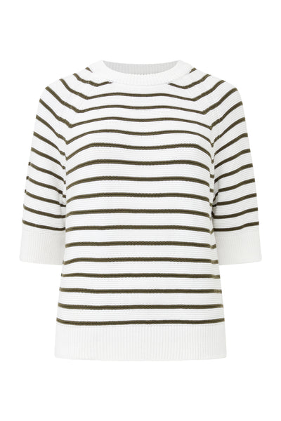 French Connection Lily Mozart Stripe Short Sleeve Jumper in Khaki