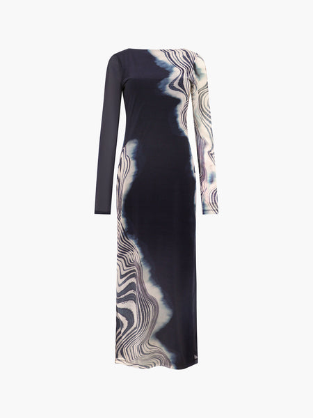 French Connection Celeste Shuri Mesh Midi Dress in Charcoal