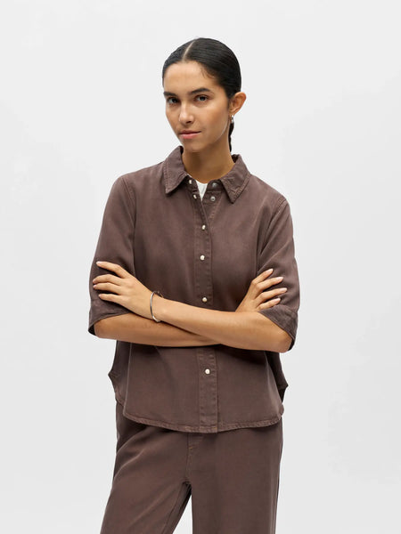 OBJECT 2/4 Sleeve Denim Look Shirt in Brown