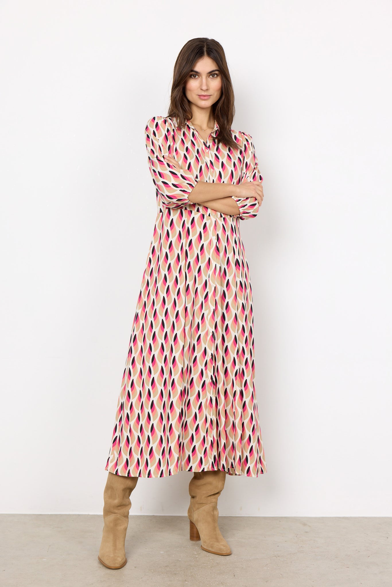 Soyaconcept Patterned 3/4 Sleeve Maxi Shirt Dress in Pink