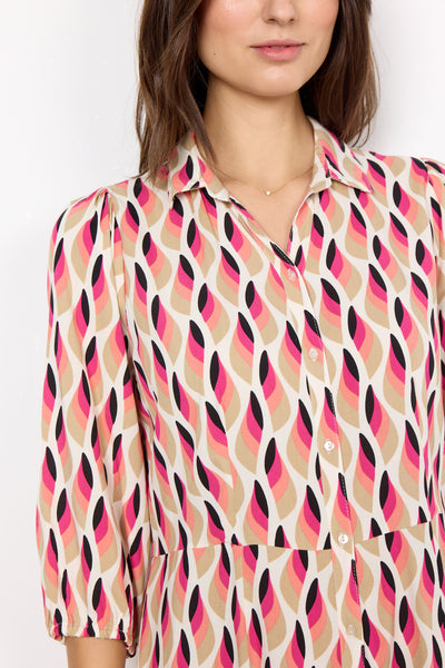 Soyaconcept Patterned 3/4 Sleeve Maxi Shirt Dress in Pink