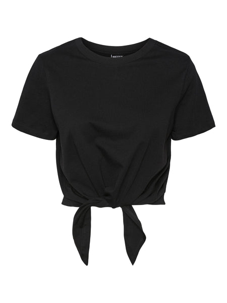 Pieces Cropped Knot T-Shirt in Black