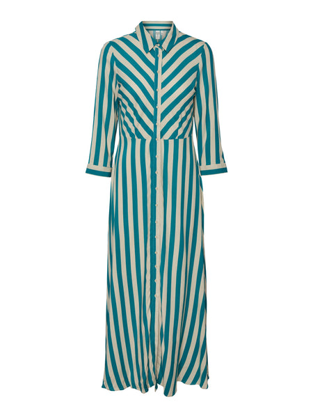 Y.A.S Striped Maxi Shirt Dress in Teal