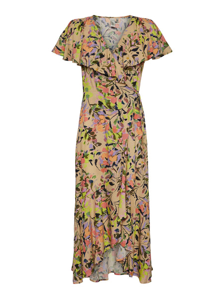 Y.A.S Floral Long Wrap Dress in Sand